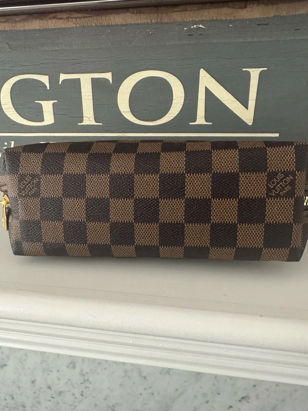 New Designer Inspired Brown Check Cosmetic Pouch Gold Tone Hardware